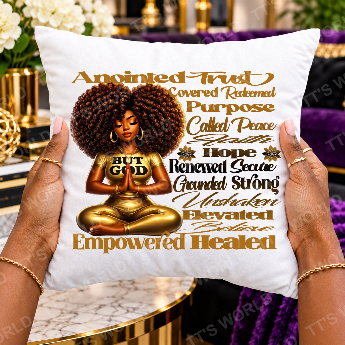 Anointed Trust white square pillow held in two hands, showing a praying woman in gold surrounded by faith affirmations.